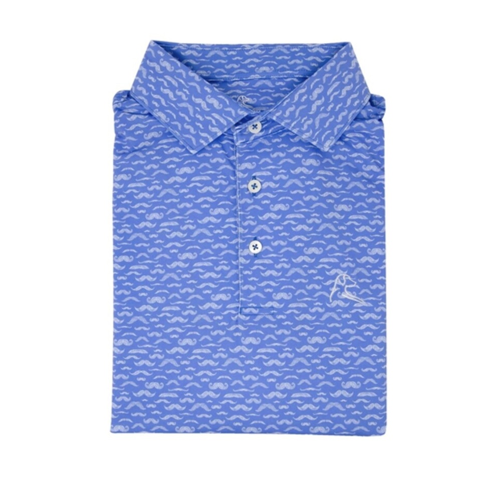 Rhoback Polo Shirt Men's Medium Blue Stretch Mustache Print Short Sleeve Golf